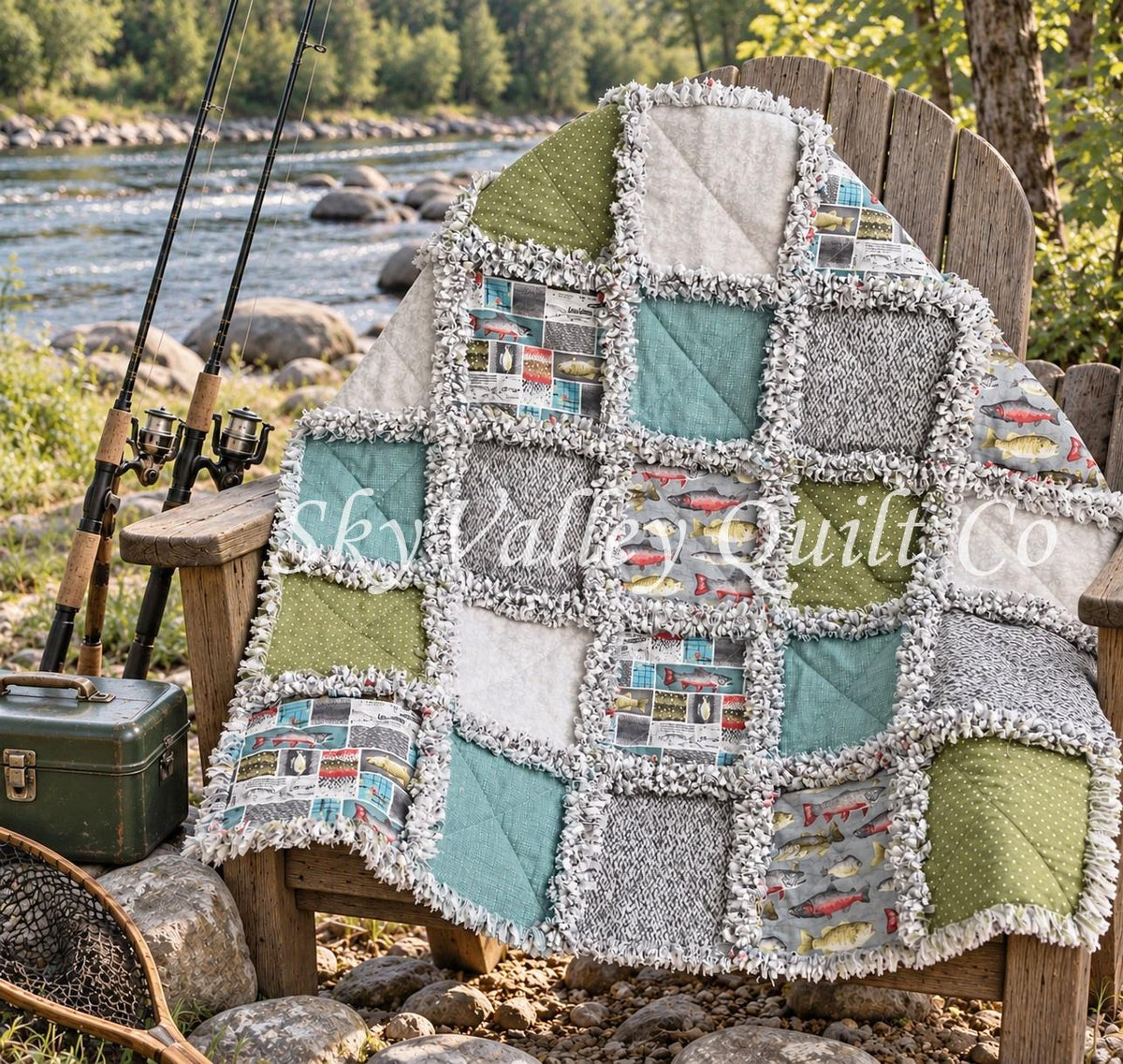 Pre Cut Rag Quilt KIT -River Rhythms by studio E ~ Fishing cottons, teal, green, gray, 3 layers