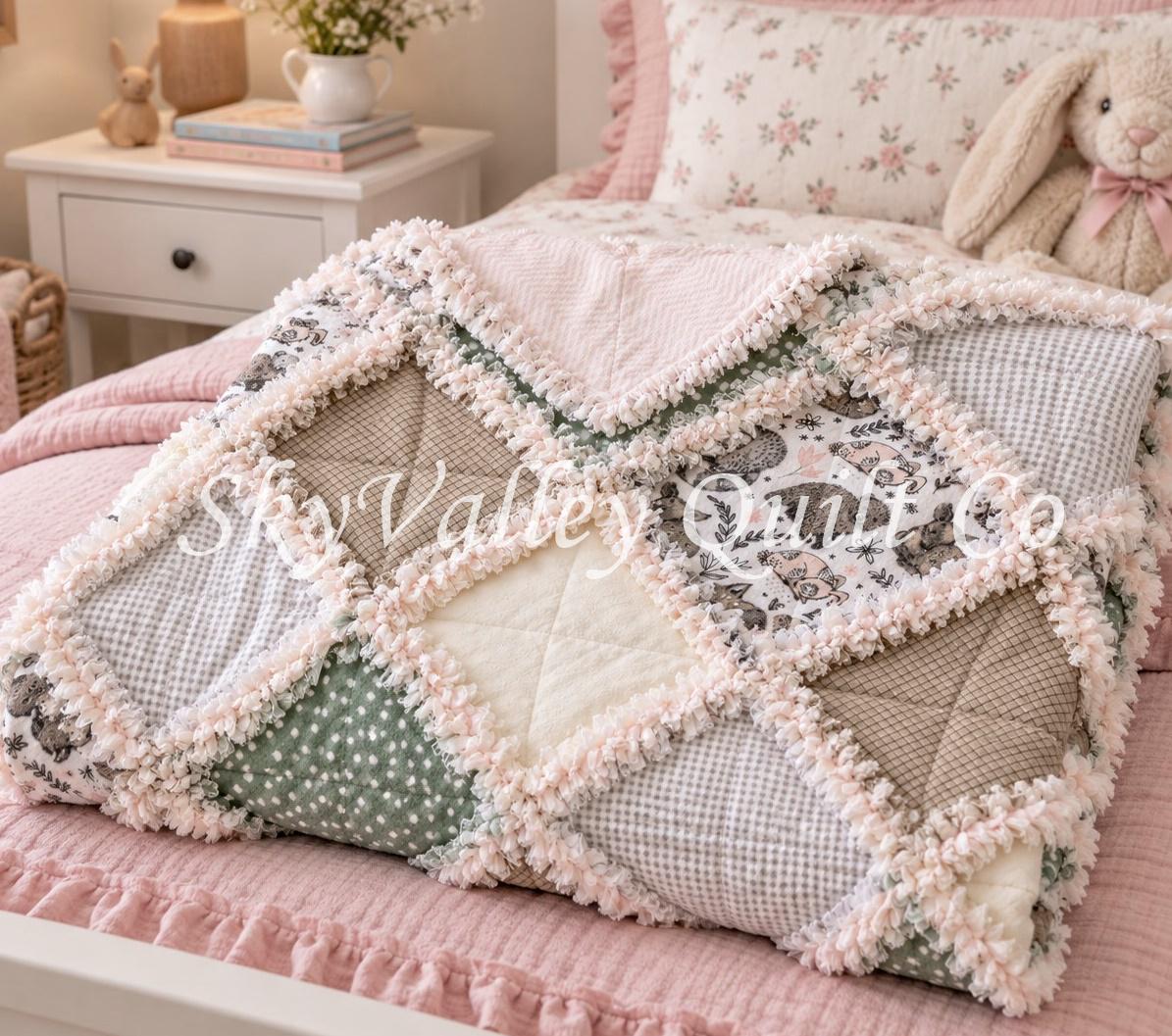 Pre Cut Rag Quilt KIT -gender neutral woodland animals in green gray and beige