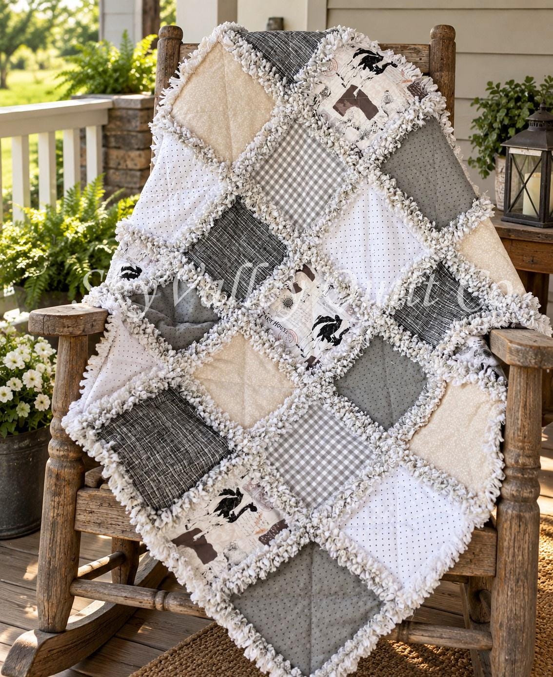 Pre CUT Rag Quilt KIT ~ Farm house chic neutral pallet, cream and gray, chickens cows, goats