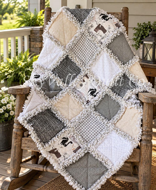 Pre CUT Rag Quilt KIT ~ Farm house chic neutral pallet, cream and gray, chickens cows, goats
