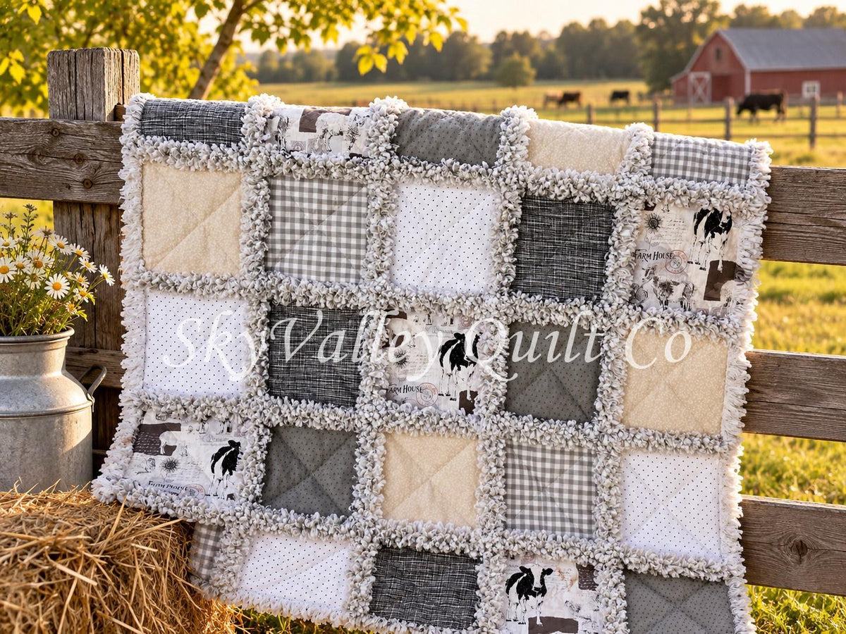 Pre CUT Rag Quilt KIT ~ Farm house chic neutral pallet, cream and gray, chickens cows, goats