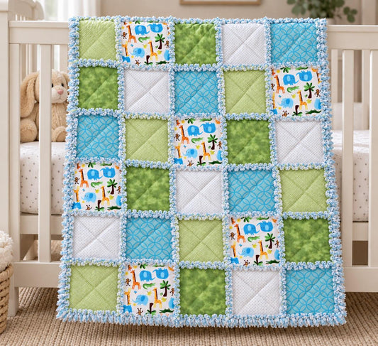 Pre Cut Rag Quilt KIT -Zoo jungle animals in aqua, green and blue