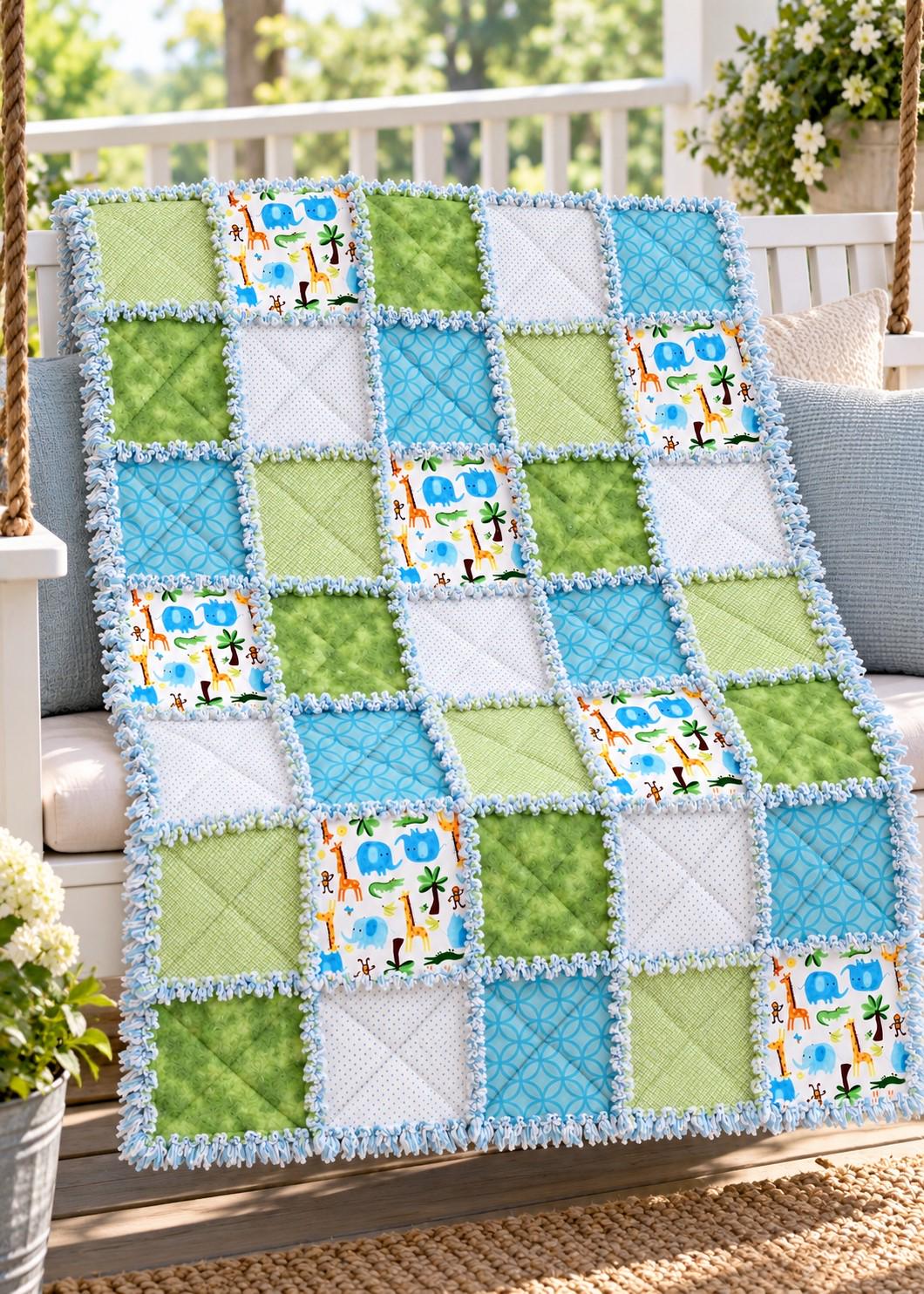 Pre Cut Rag Quilt KIT -Zoo jungle animals in aqua, green and blue