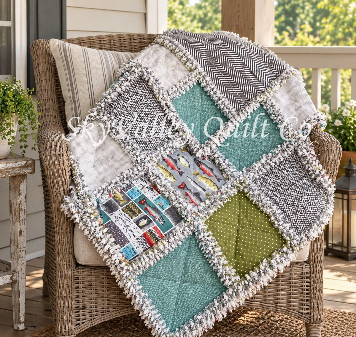 Pre Cut Rag Quilt KIT -River Rhythms by studio E ~ Fishing cottons, teal, green, gray, 3 layers