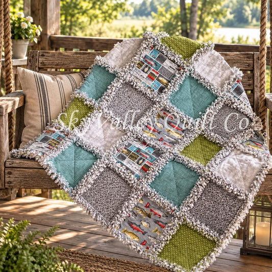 Pre Cut Rag Quilt KIT -River Rhythms by studio E ~ Fishing cottons, teal, green, gray, 3 layers