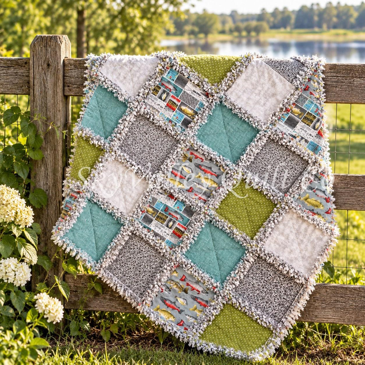 Pre Cut Rag Quilt KIT -River Rhythms by studio E ~ Fishing cottons, teal, green, gray, 3 layers