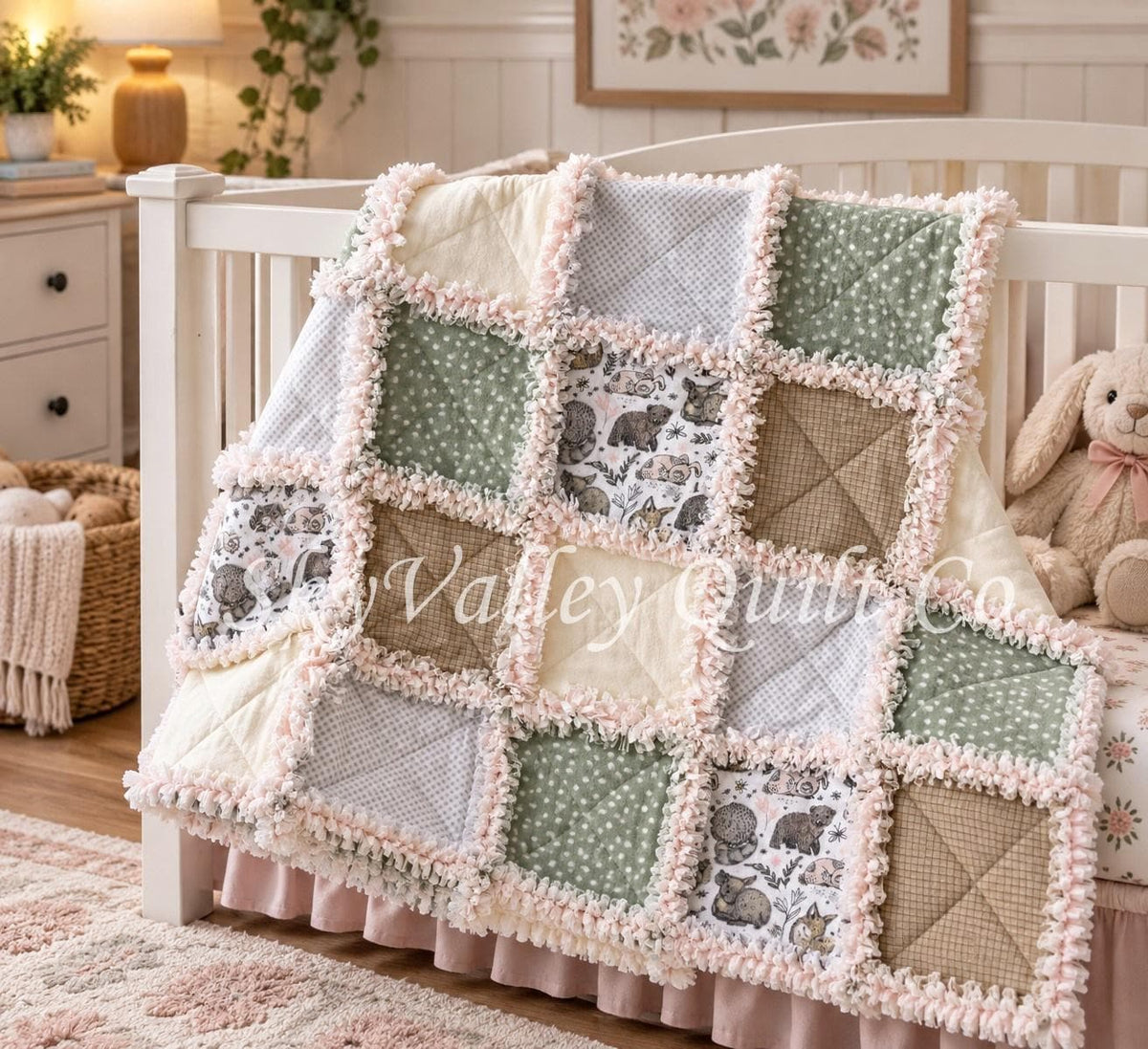 Pre Cut Rag Quilt KIT -gender neutral woodland animals in green gray and beige