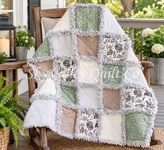 Pre Cut Rag Quilt KIT -gender neutral woodland animals in green gray and beige