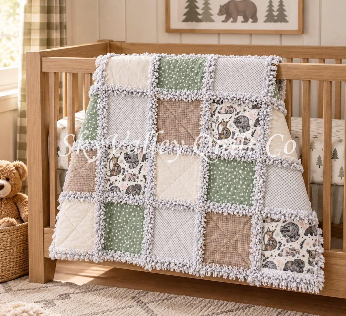 Pre Cut Rag Quilt KIT -gender neutral woodland animals in green gray and beige