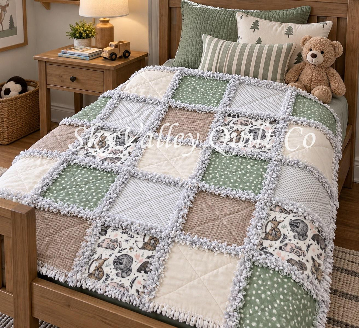 Pre Cut Rag Quilt KIT -gender neutral woodland animals in green gray and beige