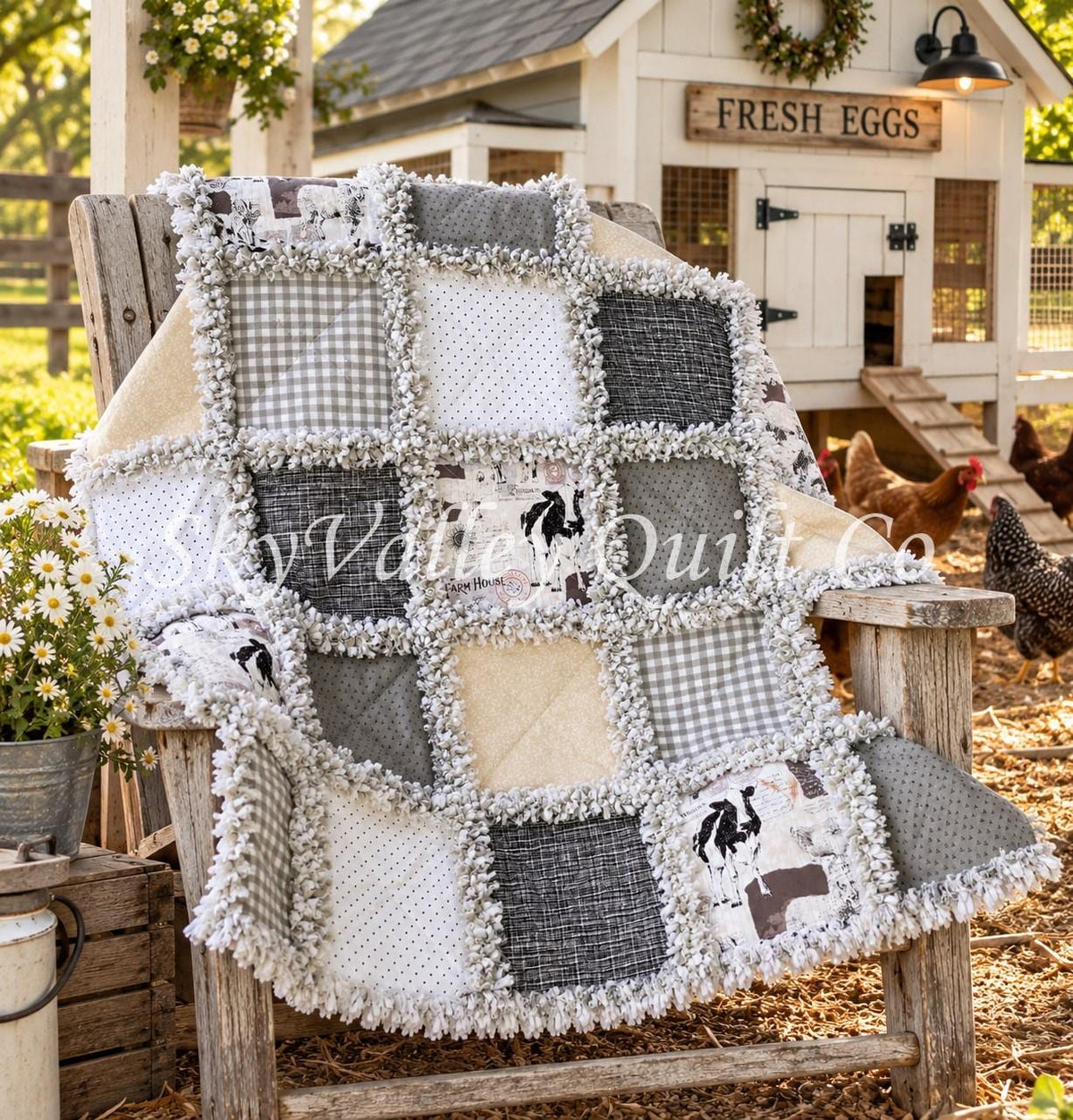 Pre CUT Rag Quilt KIT ~ Farm house chic neutral pallet, cream and gray, chickens cows, goats