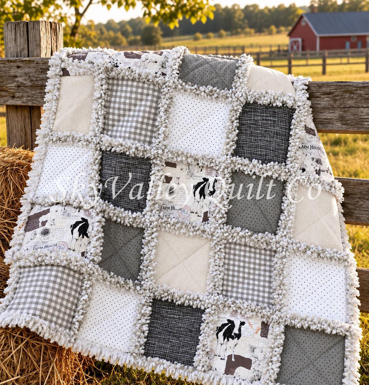 Pre CUT Rag Quilt KIT ~ Farm house chic neutral pallet, cream and gray, chickens cows, goats