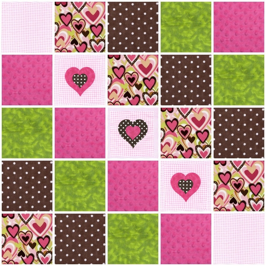 Pre CUT Rag Quilt KIT - hot pink green and brown hearts