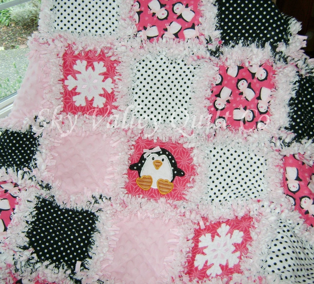 Pre CUT Rag Quilt kit ~ Winter Penguin and snowflakes