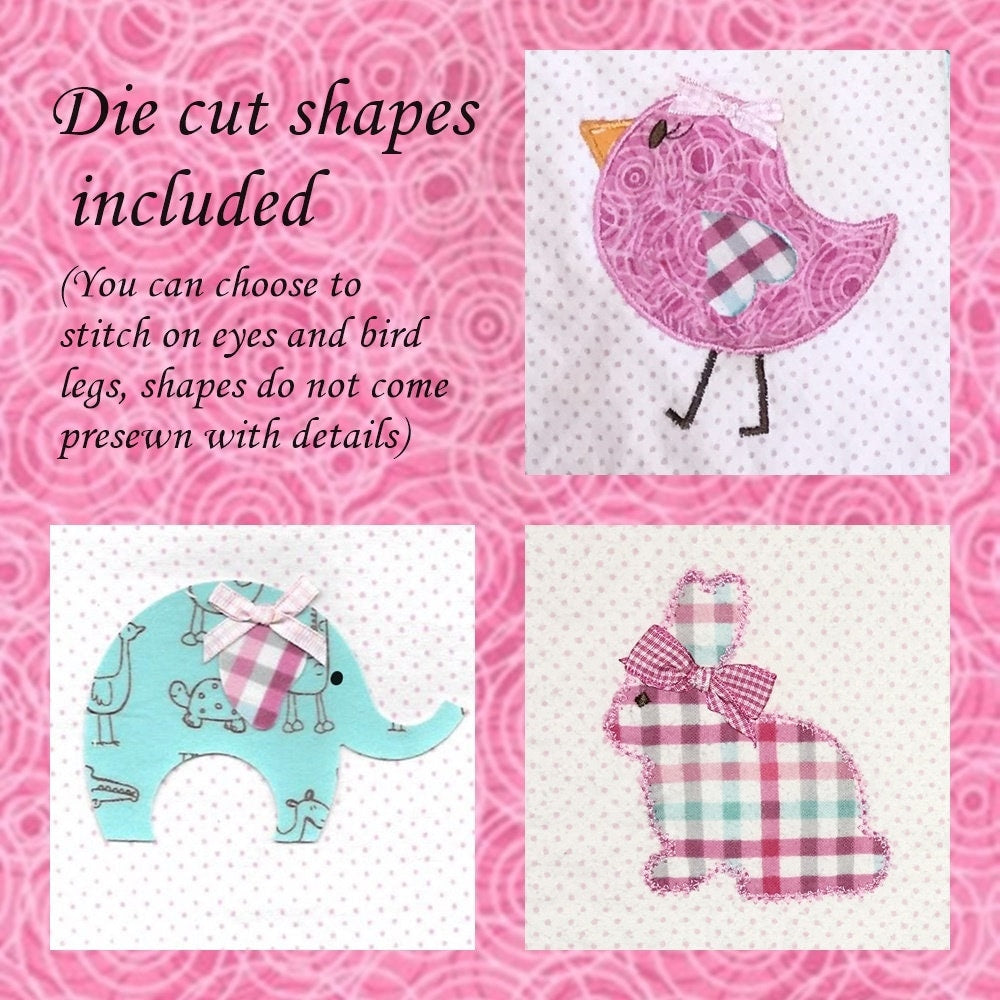 Pre cut Rag Quilt KIT- Zoo animals in pink turquoise, bird, elephant, bunny shapes included