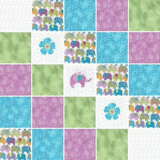 Pre Cut baby girl Rag Quilt KIT - bright lilac and teal/turquoise green Elephant parade, shower gift, nursery design