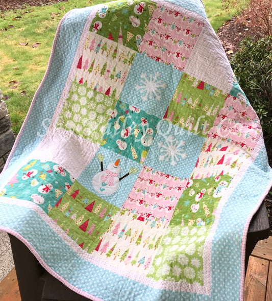 Precut traditional pieced Quilt kit ~ Christmas Holiday snowman pink pastel Flannels, limited quantity