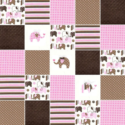 Pre Cut baby girl Rag Quilt KIT - Pink and Brown Flannel Elephants, shower gift, nursery design