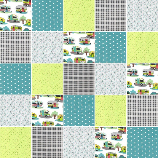 Pre cut Rag Quilt KIT ~ RV camping Trailers, teals, grays plaid and lime green dots