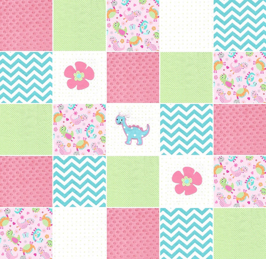 Pre cut Rag Quilt KIT- girly dinosaurs in pink, green, and teal with minky