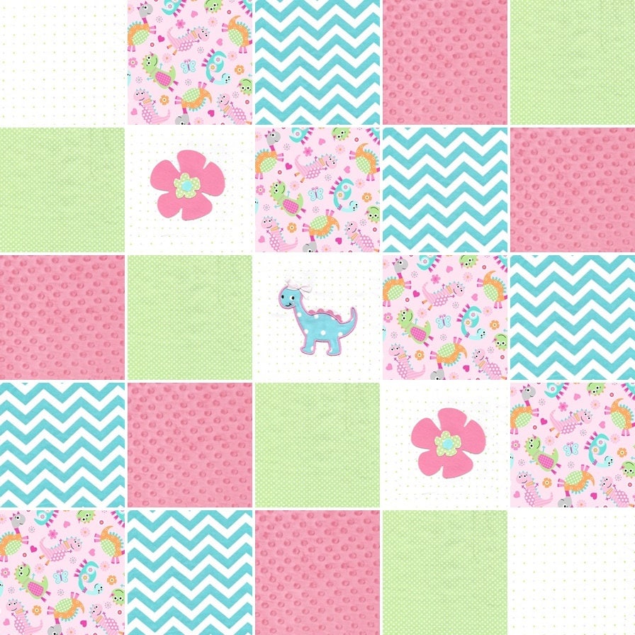 Pre cut Rag Quilt KIT- girly dinosaurs in pink, green, and teal with minky