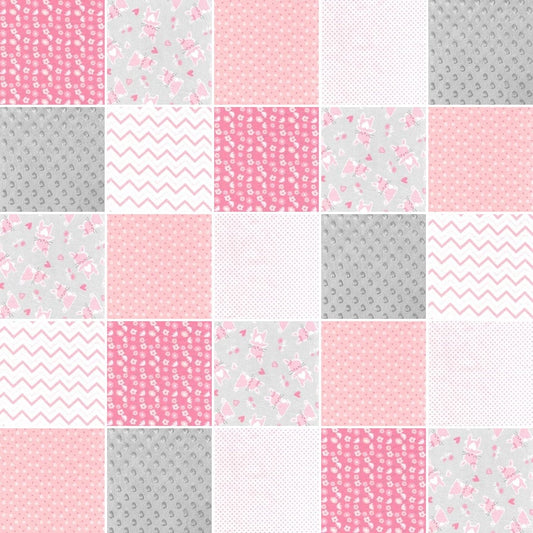 Pre Cut Rag Quilt KIT - bunny rabbits in gray, pink and peach flannel