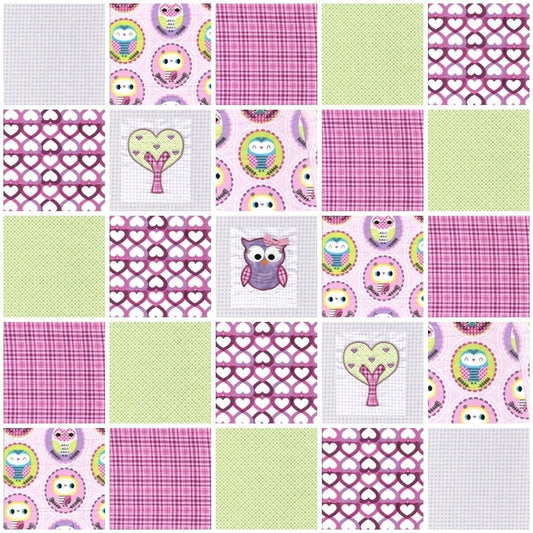 Pre Cut Rag Quilt KIT - Owls in lavender, green and pink