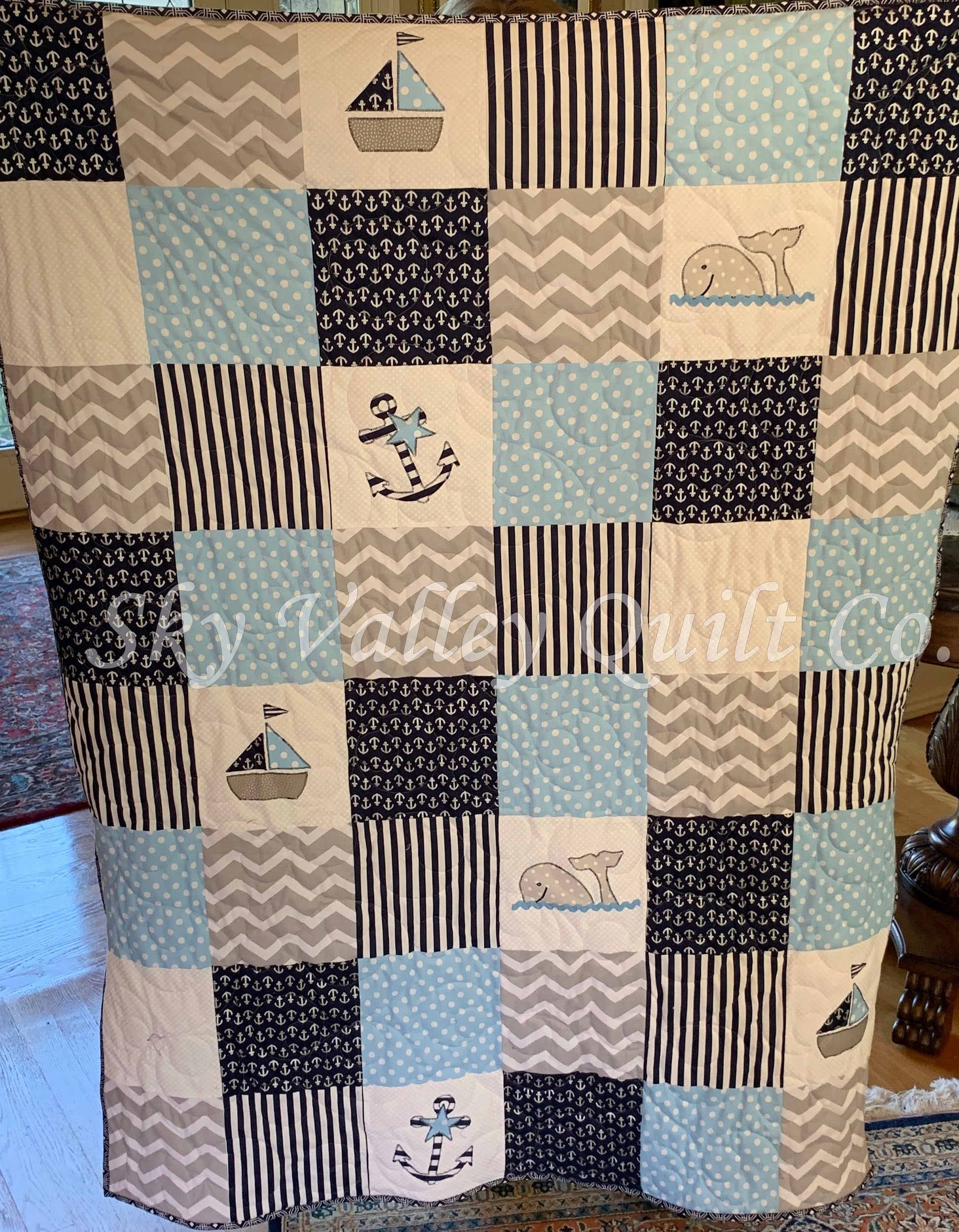 Precut Traditional pieced Quilt TOP KIT ~blue and gray nautical sailboats