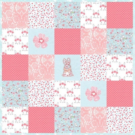 Precut Traditional pieced Quilt KIT ~ Bunny Rabbits in aqua pink and coral ~ Last kit