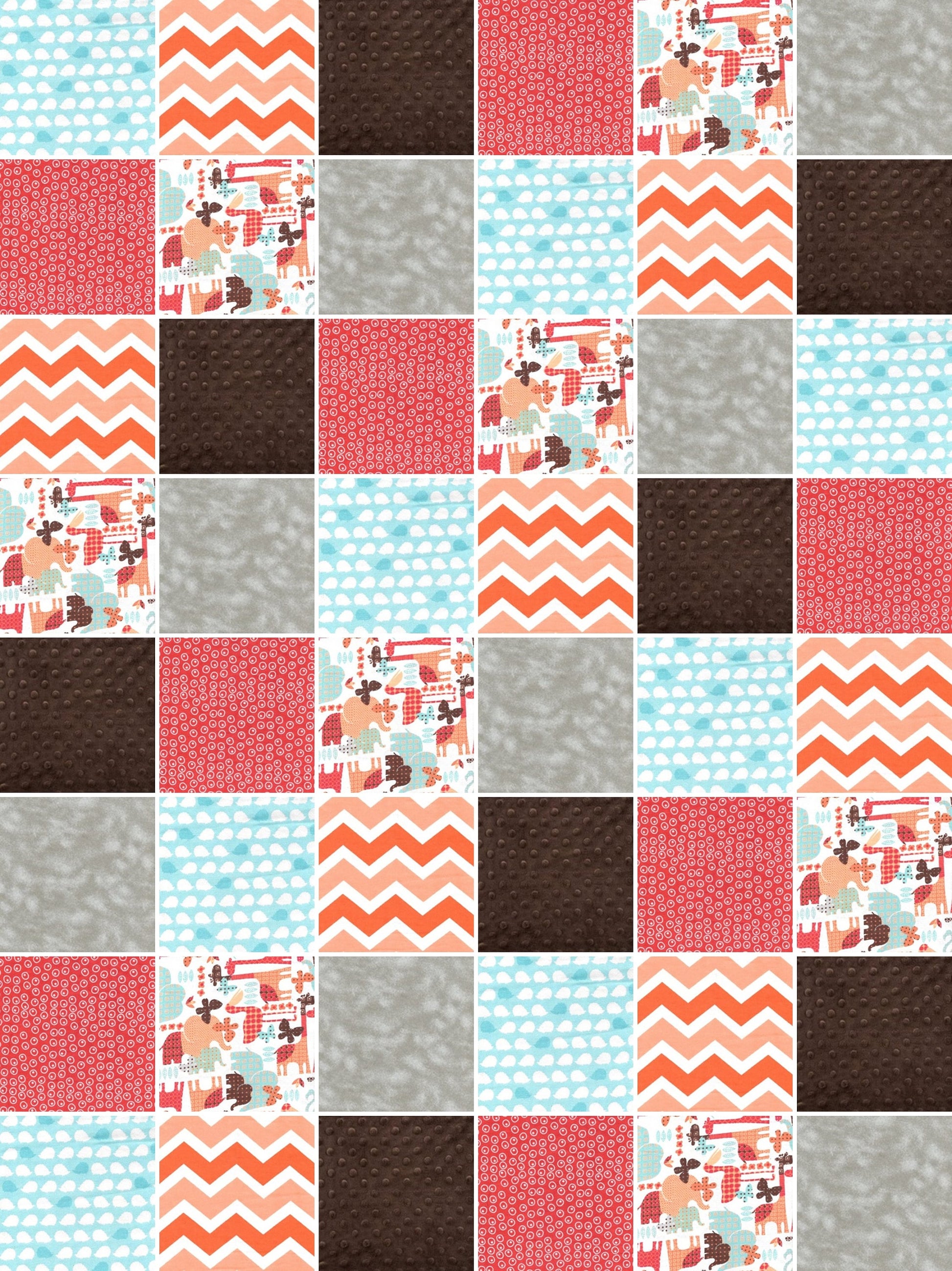 Pre Cut gender neutral Rag Quilt KIT - zoo animals in red, aqua, orange, gray, and brown minky dot.