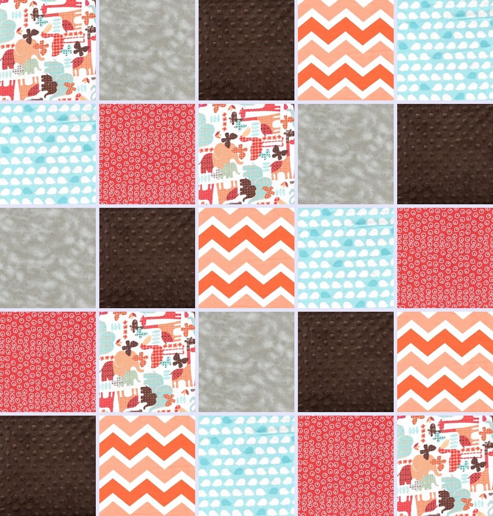 Pre Cut gender neutral Rag Quilt KIT - zoo animals in red, aqua, orange, gray, and brown minky dot.