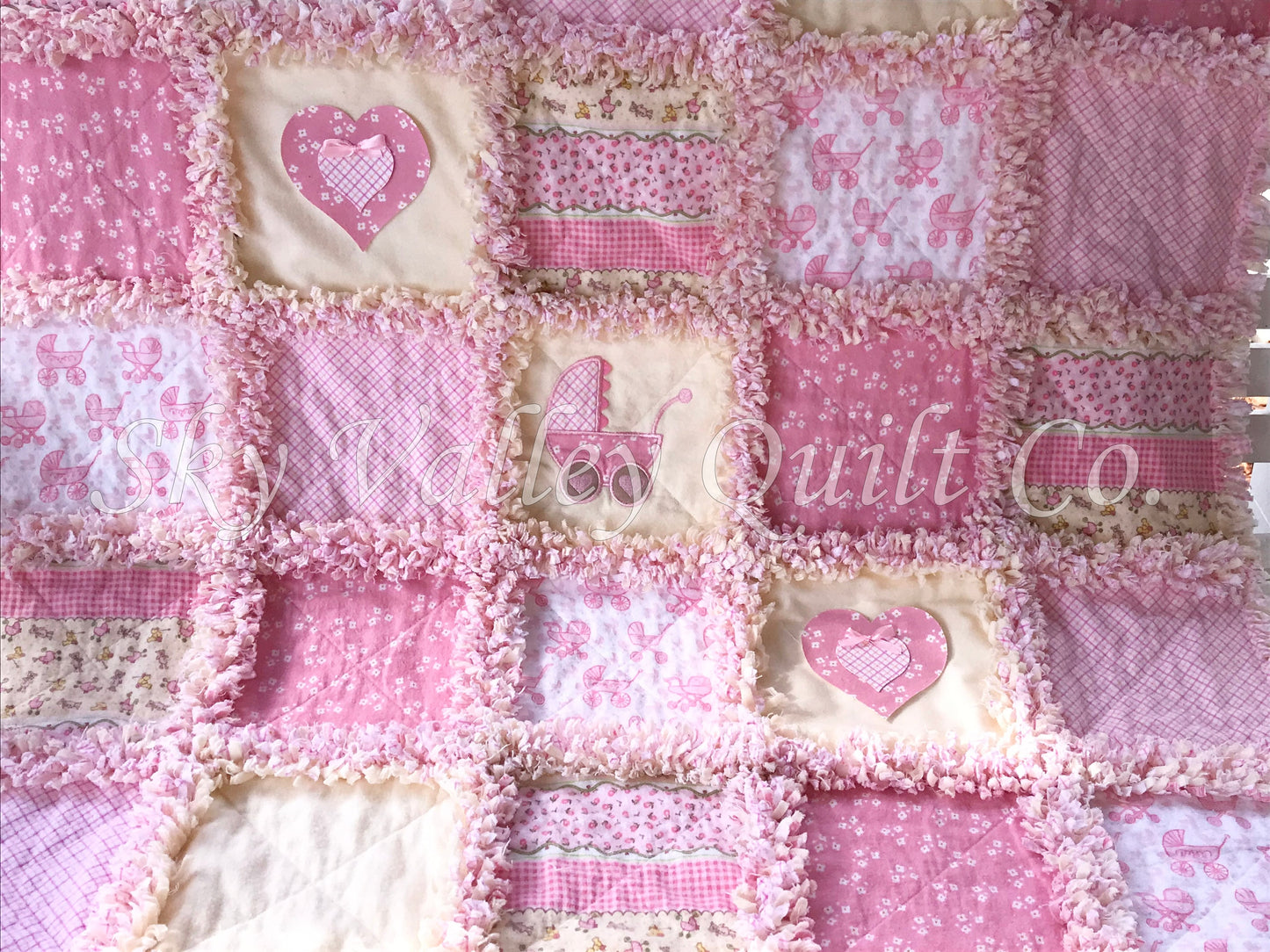 Pre Cut baby girl Rag Quilt KIT - Pink, cream, white baby buggy baby carriage, stroller