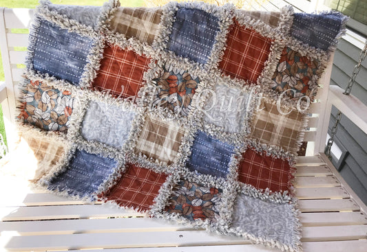 Pre Cut Rag Quilt~ Fall leaves, rust, blue, gray, and gray