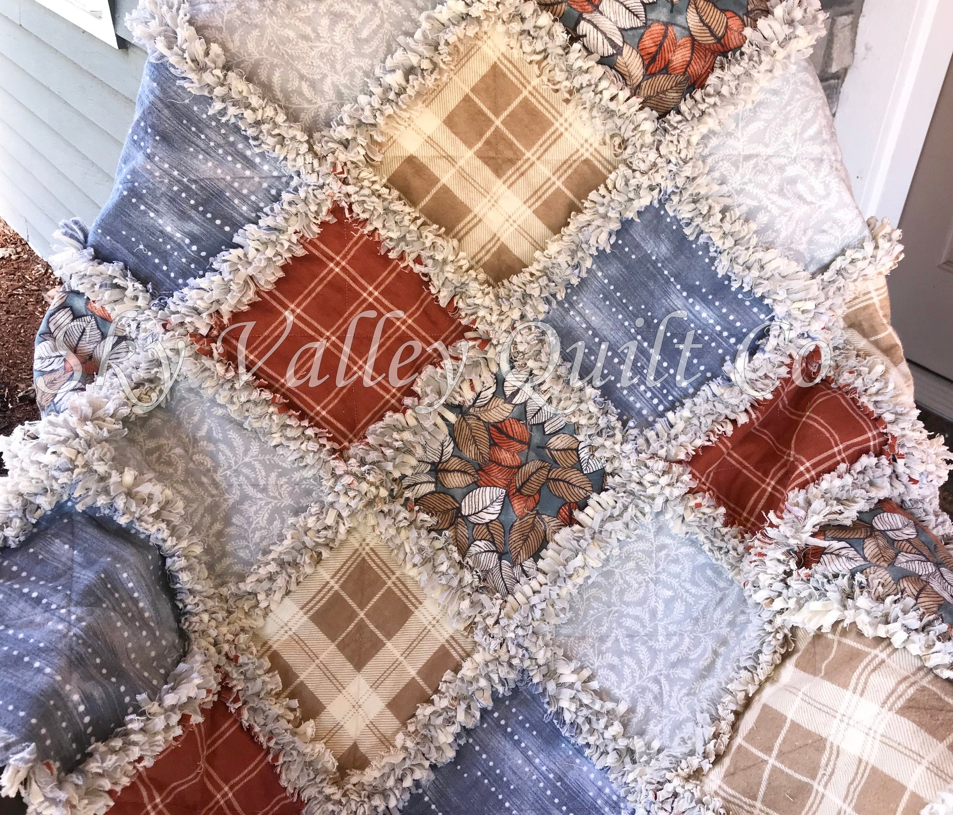 Pre Cut Rag Quilt~ Fall leaves, rust, blue, gray, and gray