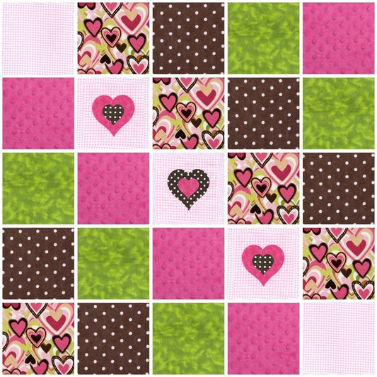 Pre CUT Rag Quilt KIT - hot pink green and brown hearts